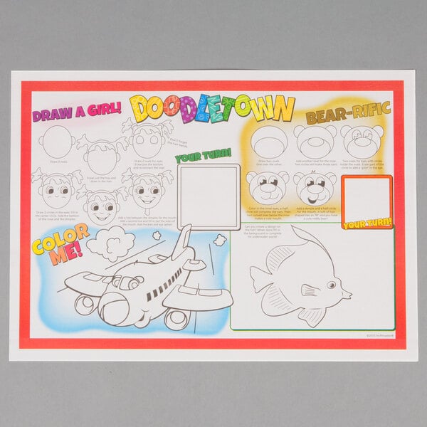 A white Hoffmaster Doodletown placemat with cartoon characters, a plane, and a fish drawing board.