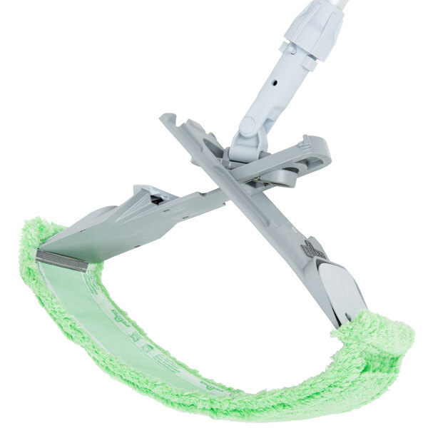 A Unger SmartColor green microfiber mop pad on a white mop handle.
