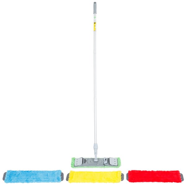 A Unger SmartColor Microfiber Mop Kit with a pole and three colorful mop pads.