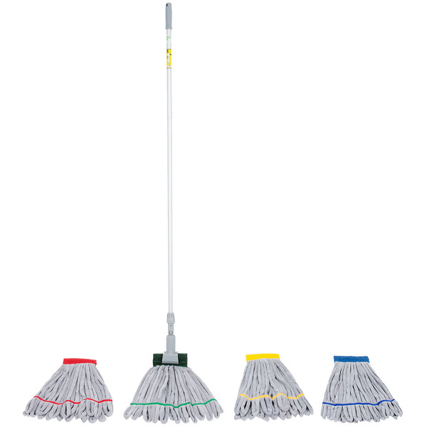 A Unger SmartColor microfiber mop kit with white, red, and blue mops and a red and blue pole.