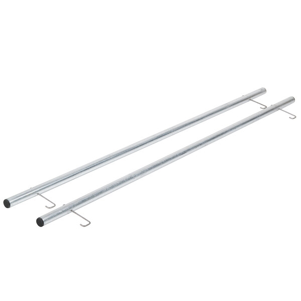 A pair of metal poles with long metal rods and hooks on the ends.