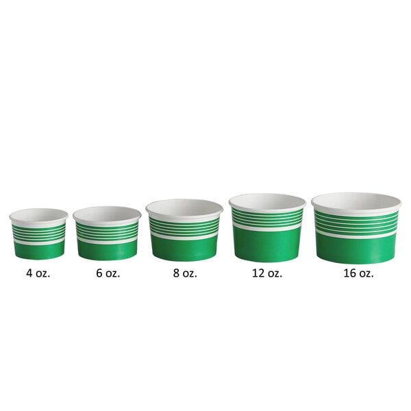 An 8 oz. green paper frozen yogurt or food cup with white interior and horizontal white stripes near the rim.