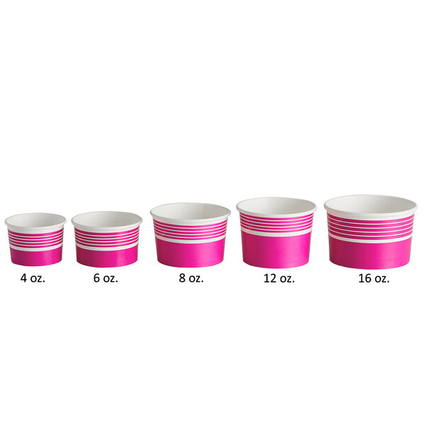 A set of pink paper frozen yogurt or food cups in various sizes, with the 12 oz. size highlighted as part of a 1,000 count case.