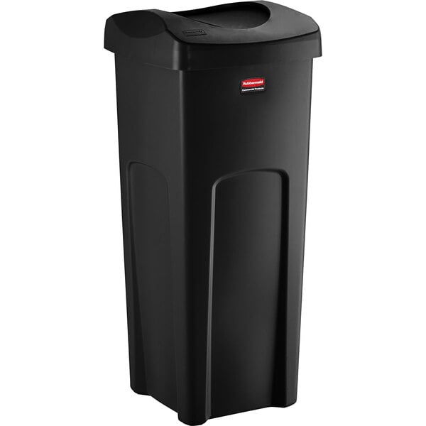 A black Rubbermaid Untouchable 23 gallon trash can with a lid.