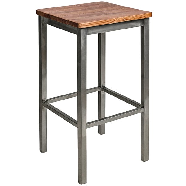 A BFM Seating metal bar stool with a wood top.