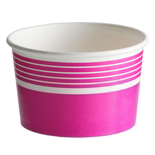 A pink and white paper Choice frozen yogurt cup with stripes.