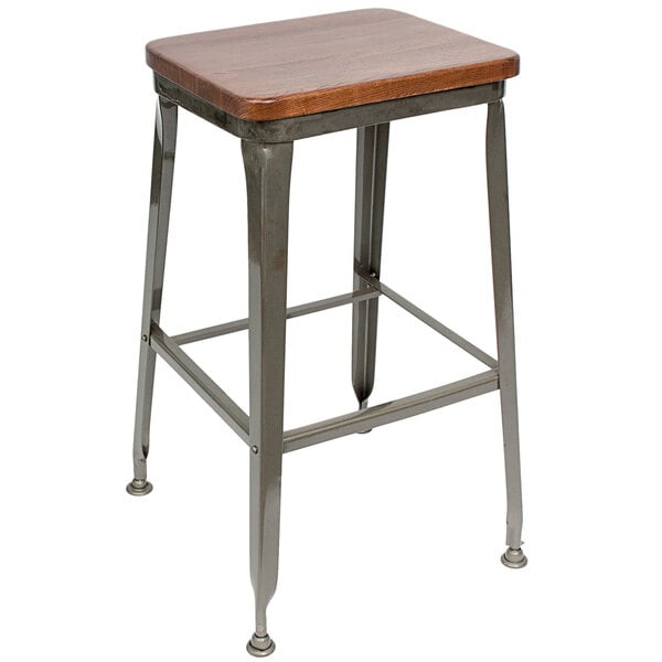 A BFM Seating metal bar stool with a wood seat.