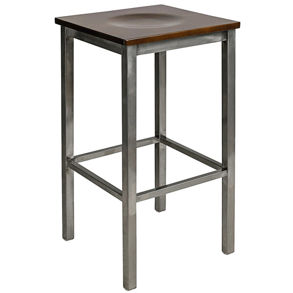 A BFM Seating metal bar stool with a wooden seat.