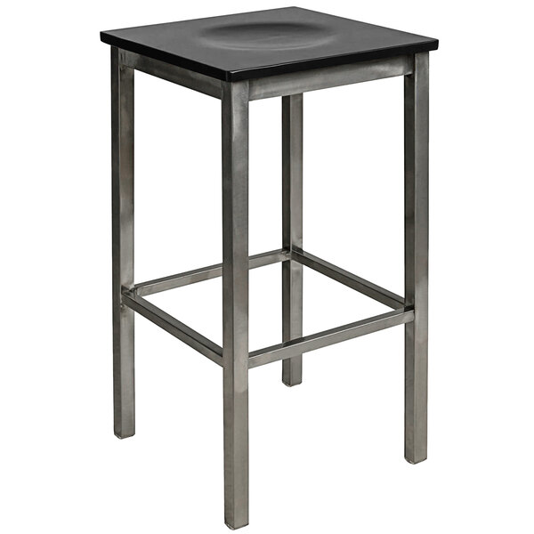 A black BFM Seating metal bar stool with a wooden square seat.