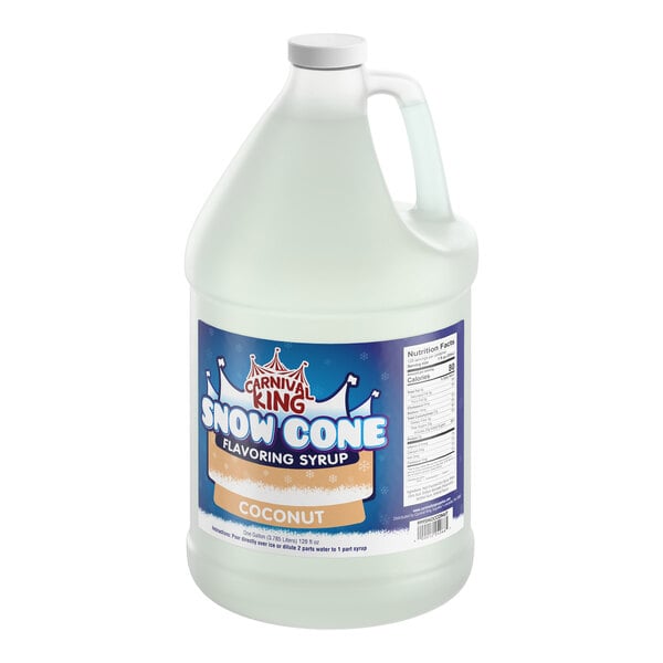A one-gallon jug of Carnival King coconut snow cone flavoring syrup.