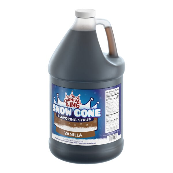 A one-gallon jug of Carnival King vanilla snow cone flavoring syrup.