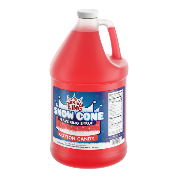 A gallon jug of Carnival King cotton candy snow cone flavoring syrup.