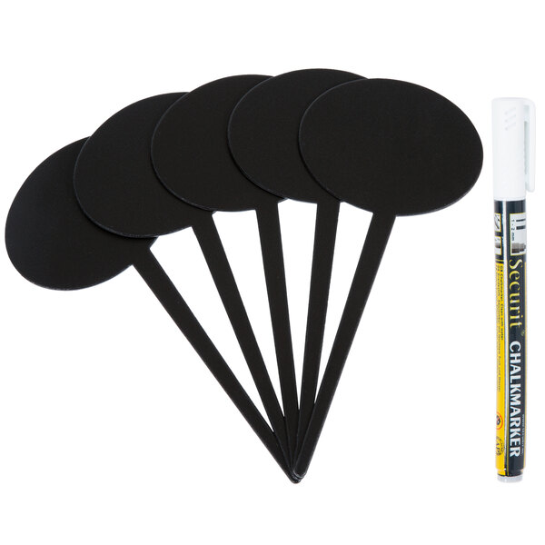 A pack of American Metalcraft mini chalkboard picks with black oval labels and a marker.