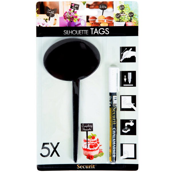 A package of black and white tags with a black marker, all in a black package.