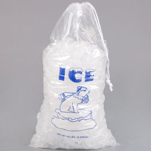 Choice 20 Lb. Clear Plastic Ice Bags With Blue Print – 1000-Case, 1.75 Mil, Twist Ties Included