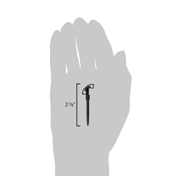 A hand holding a small black American Metalcraft chalk card pick with a ruler on it.