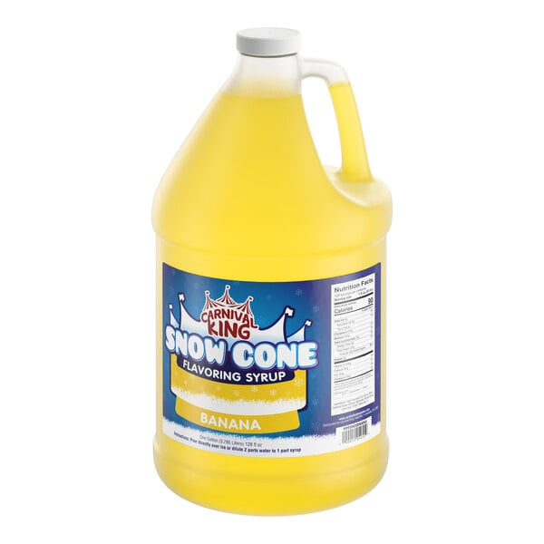 A one-gallon jug of Carnival King banana-flavored snow cone syrup.