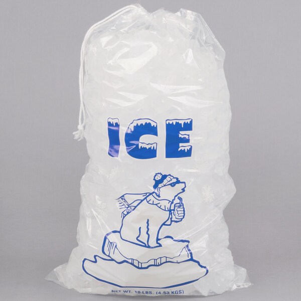 10 Lb Clear Plastic Drawstring Ice Bag With Polar Bear Graphic