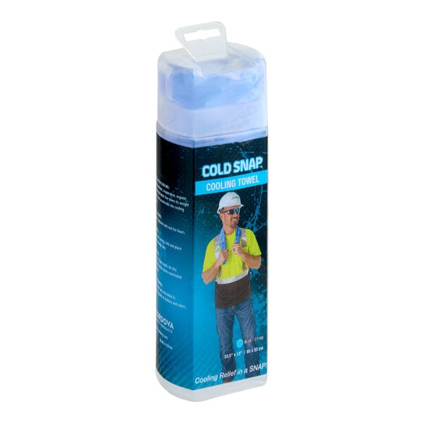 A blue Cordova Coldsnap cooling towel in a clear plastic container.