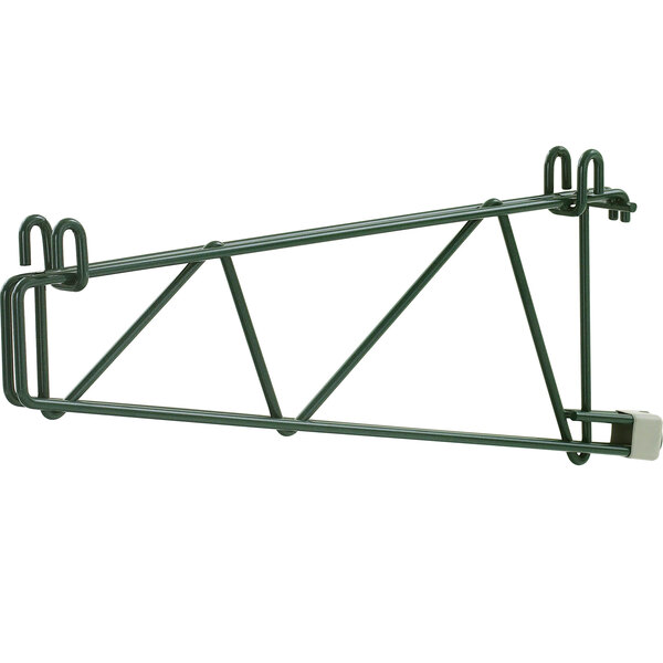 A green Metroseal metal shelf support with two hooks.