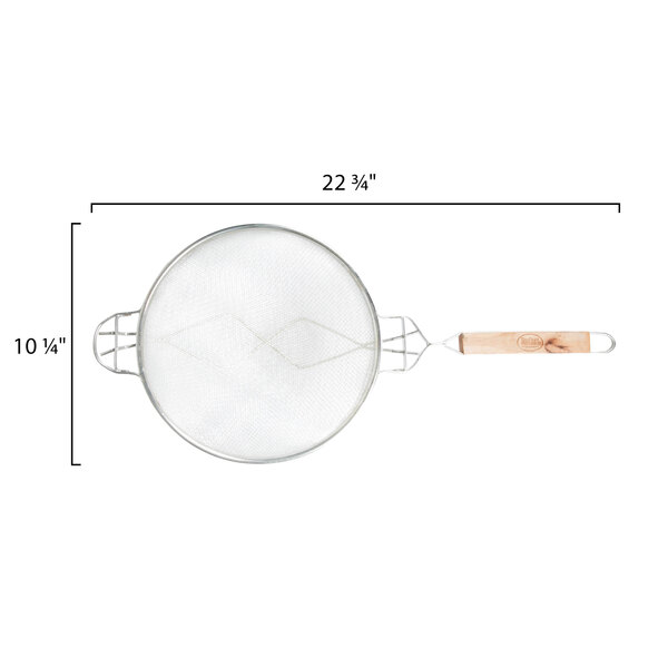 A Tablecraft reinforced heavy-duty metal strainer with a wooden handle.