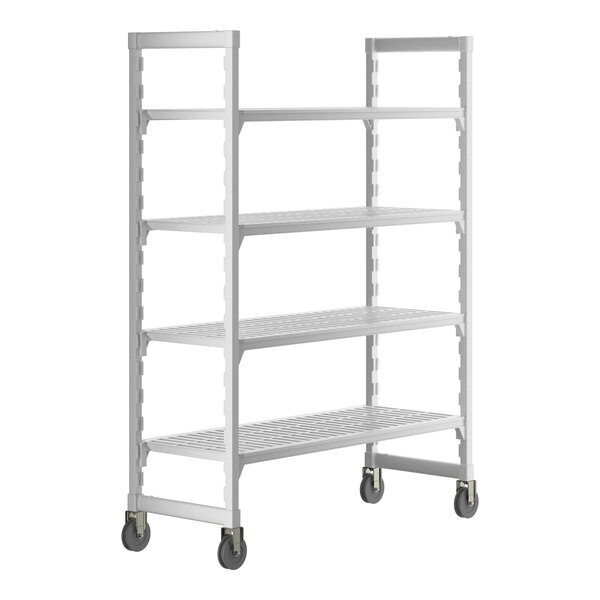 A white Cambro Camshelving® Premium mobile shelving unit with 4 vented shelves and wheels.