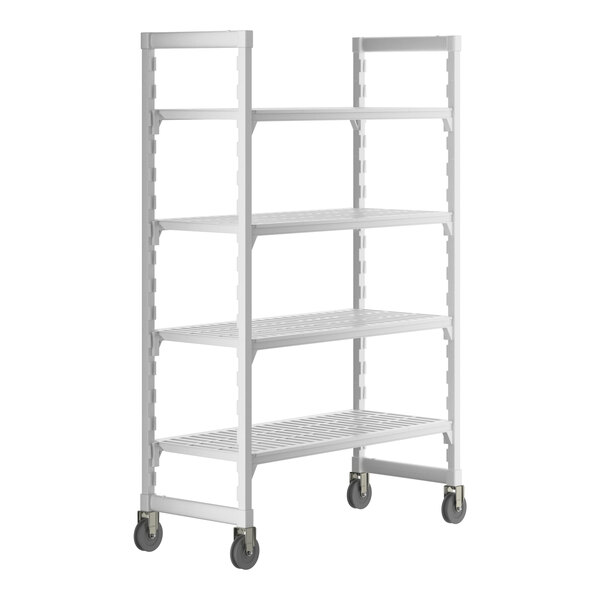 A white plastic Cambro Camshelving Premium mobile shelving unit with wheels.