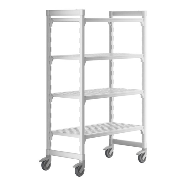 A white plastic Cambro Camshelving Premium mobile shelving unit with vented shelves and wheels.