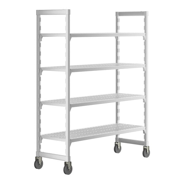 A white Cambro Camshelving Premium mobile shelving unit with vented shelves.