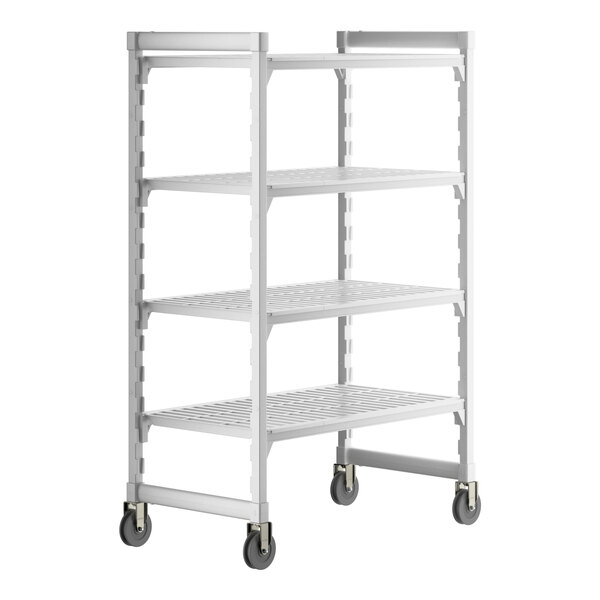 A white Cambro Camshelving® Premium mobile shelving unit with wheels.