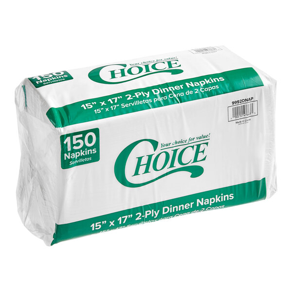 A package of 150 white Choice 2-ply dinner napkins.