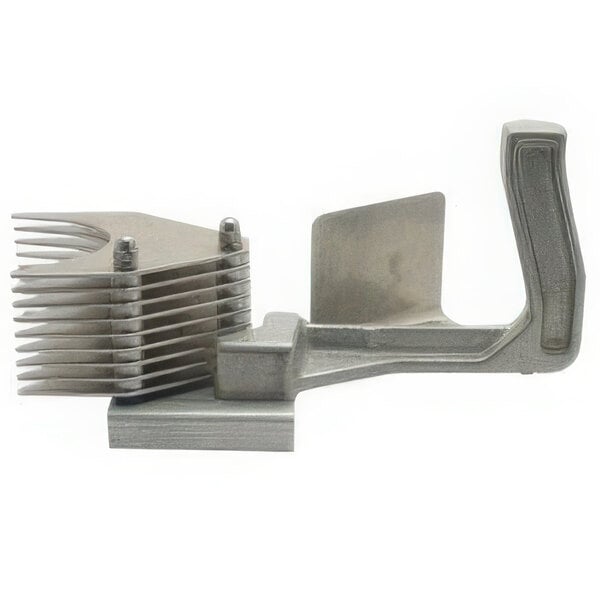 A metal pusher for a Nemco tomato slicer with a metal handle.