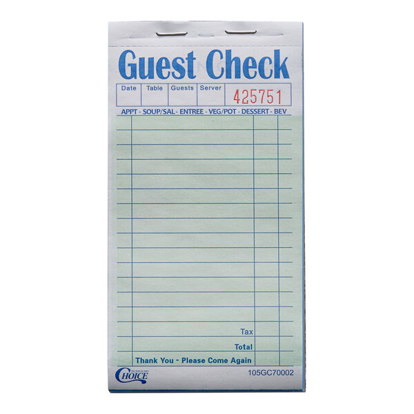 Choice 2 Part Green and White Carbonless Guest Check Book - 50/Case