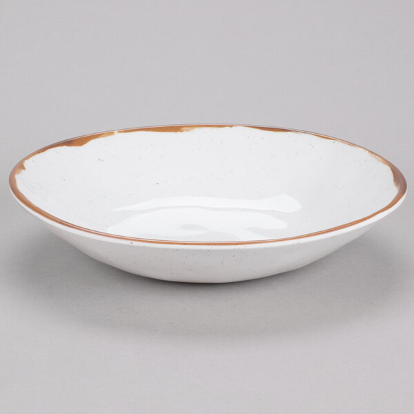 A white GET Rustic Mill melamine bowl with a brown rim.