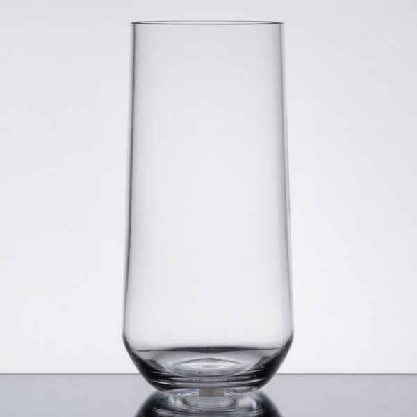 A close up of a clear Via plastic beverage glass.