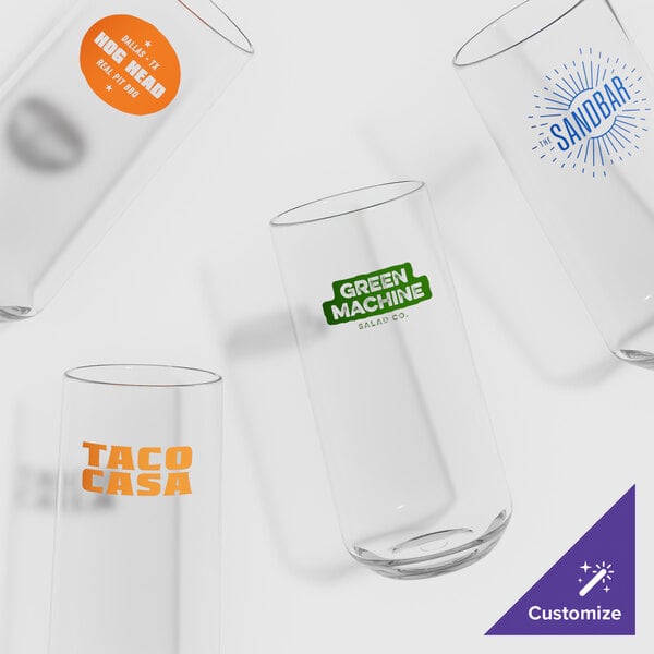 A white plastic container of 24 empty GET Via Tritan plastic beverage glasses with a customizable logo.