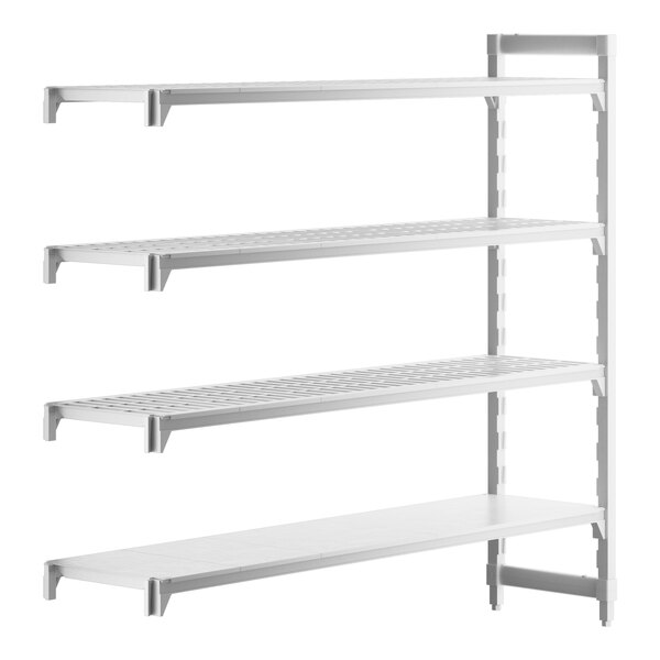 A white rectangular Cambro Camshelving® add-on unit with three vented shelves and one solid shelf.
