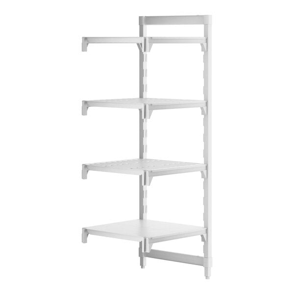 A white Cambro Camshelving® Premium stationary add-on unit with 3 vented shelves and 1 solid shelf.