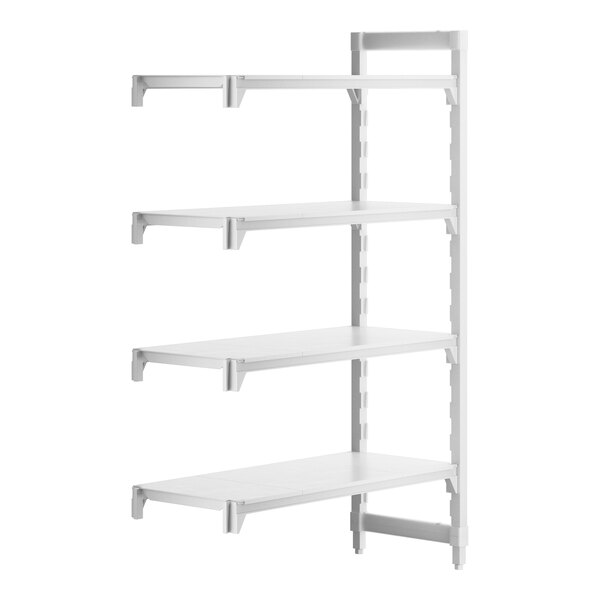 A white Cambro Camshelving® Premium add on unit with four shelves.