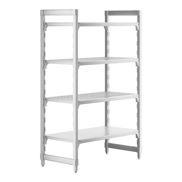 A white plastic Cambro Camshelving Premium stationary unit with 3 vented shelves and 1 solid shelf.