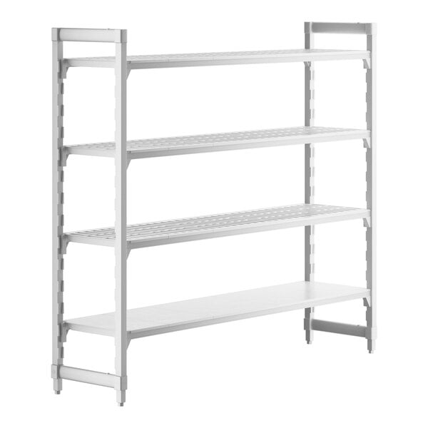 A white Cambro Camshelving® Premium stationary unit with 3 vented shelves and 1 solid shelf.