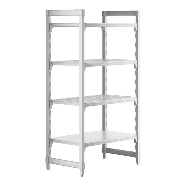 A white Cambro Camshelving Premium stationary unit with 3 vented shelves and 1 solid shelf.