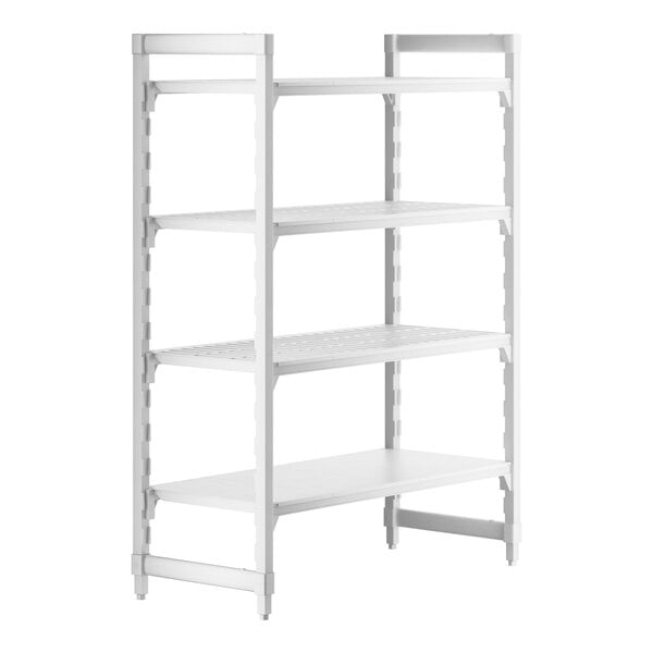 A white plastic Cambro Camshelving® stationary unit with 3 vented shelves and 1 solid shelf.