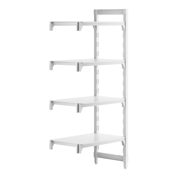 A white Cambro Camshelving® Premium add on unit with four shelves.
