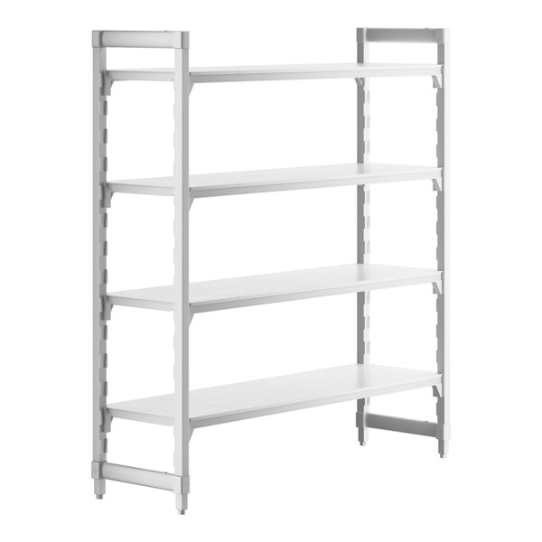 A white Cambro Camshelving Premium stationary starter unit with four shelves.