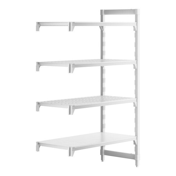 A white Cambro Camshelving® add-on unit with 3 vented shelves and 1 solid shelf.