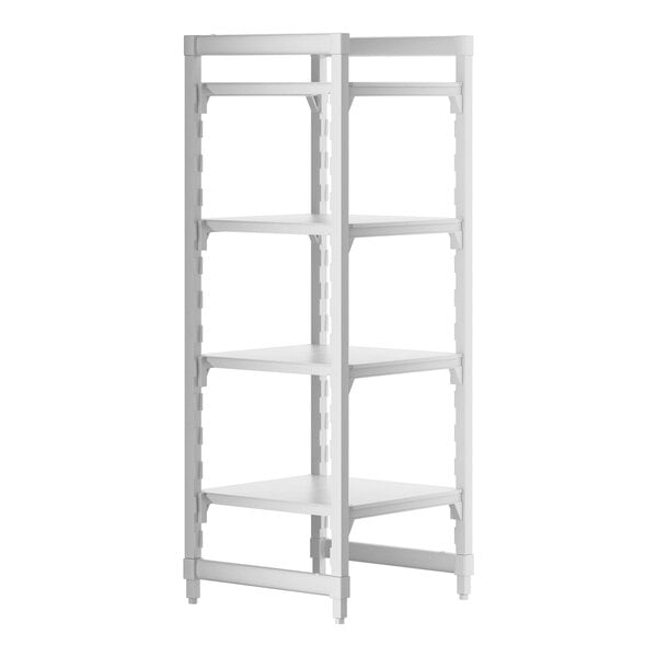 A white Cambro Camshelving Premium stationary unit with four shelves.