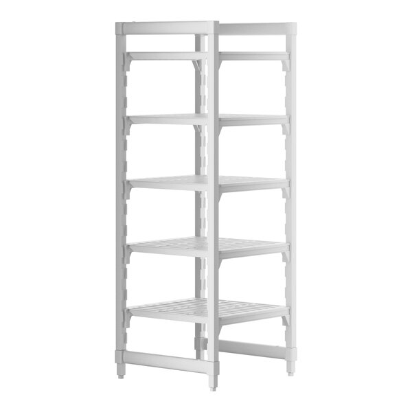 A white plastic Cambro shelving unit with 5 vented shelves.