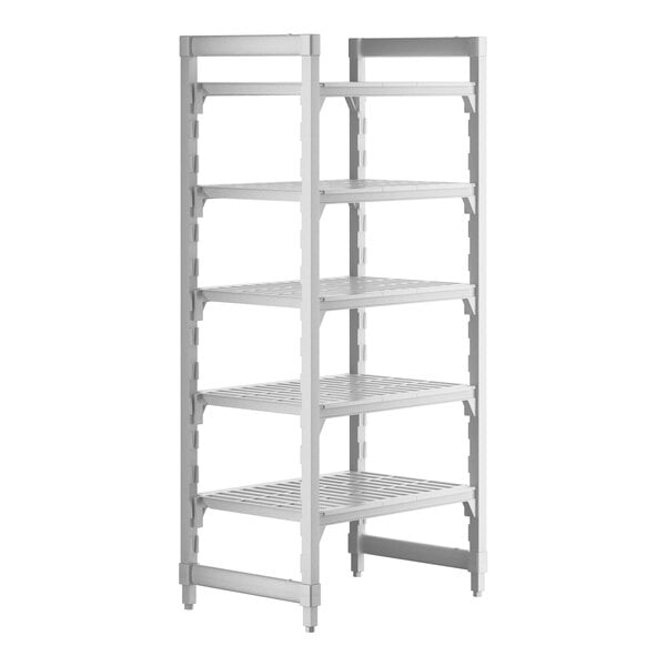 A white plastic Cambro Camshelving® Premium shelving unit with 5 vented shelves.