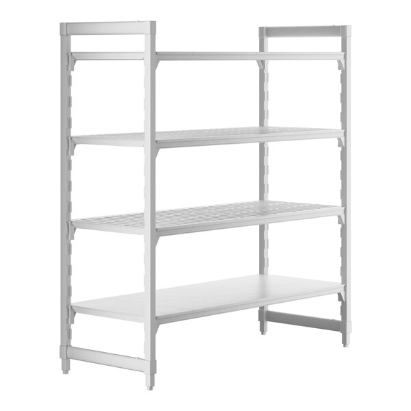 A white rectangular metal shelving unit with three white vented shelves.